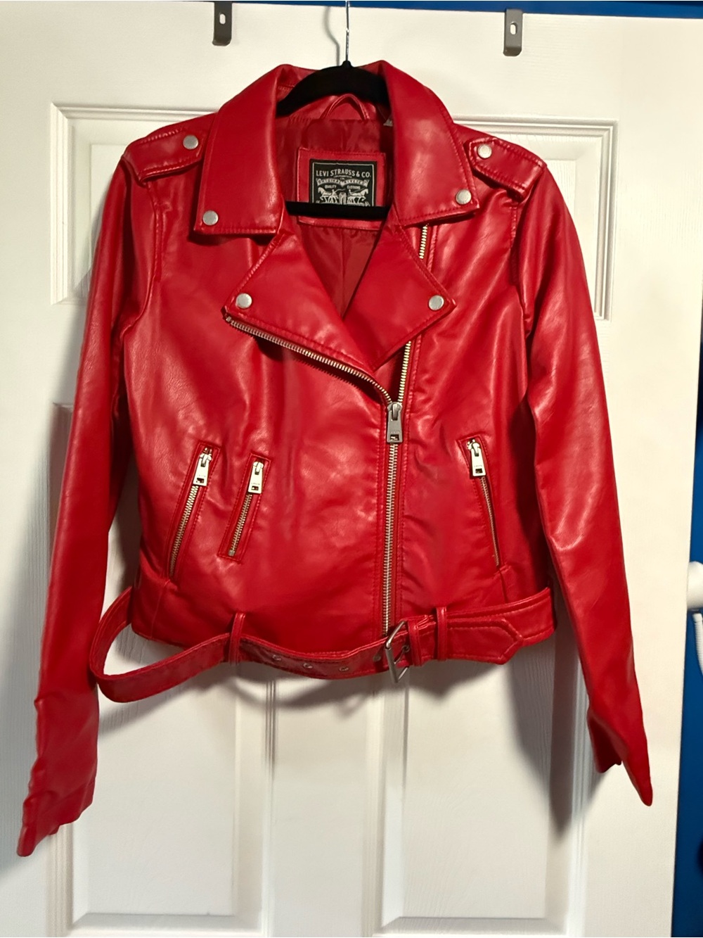 Levi's Red Faux Leather Moto Jacket with Belt